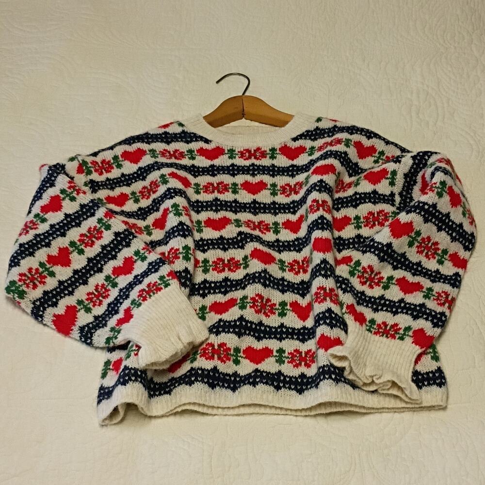 Old Navy Womens L Fair Isle Heart Christmas Sweater Ruffle Cuff Wool Blend Large